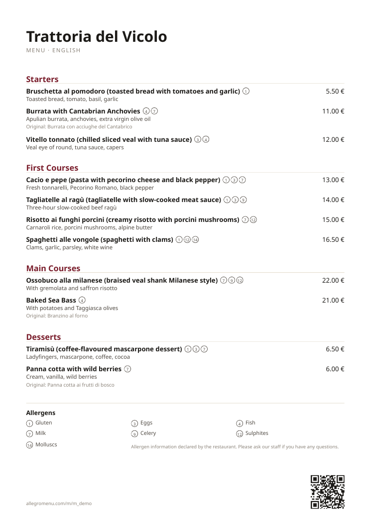 First page of the print-ready PDF: the sample menu in English with allergen numbers and its legend
